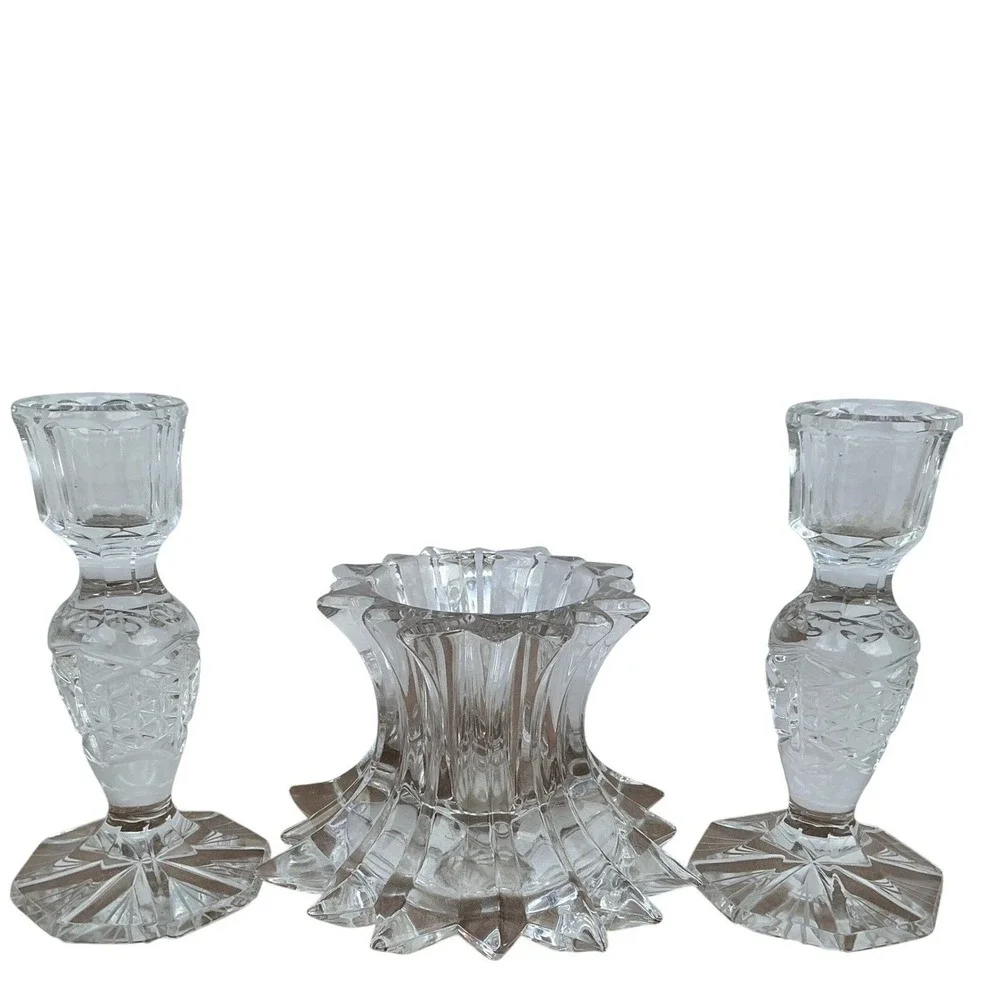 Vintage Cut Crystal Glass Décor BundleVase & Candle Holders Set, Elegant Display